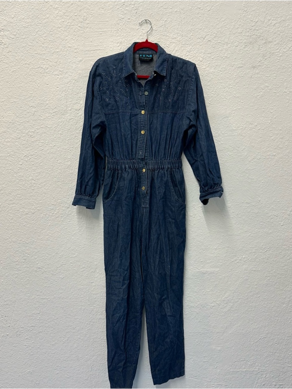 Vintage Denim Button-Front Jumpsuit with Studded Details in Dark Blue